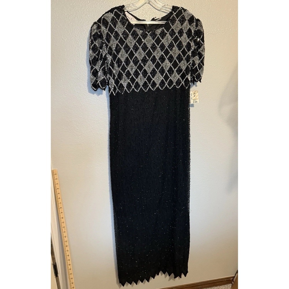 Vintage Laurence Kazar Black & Silver Fully Beaded Evening Gown Women's XL AS IS